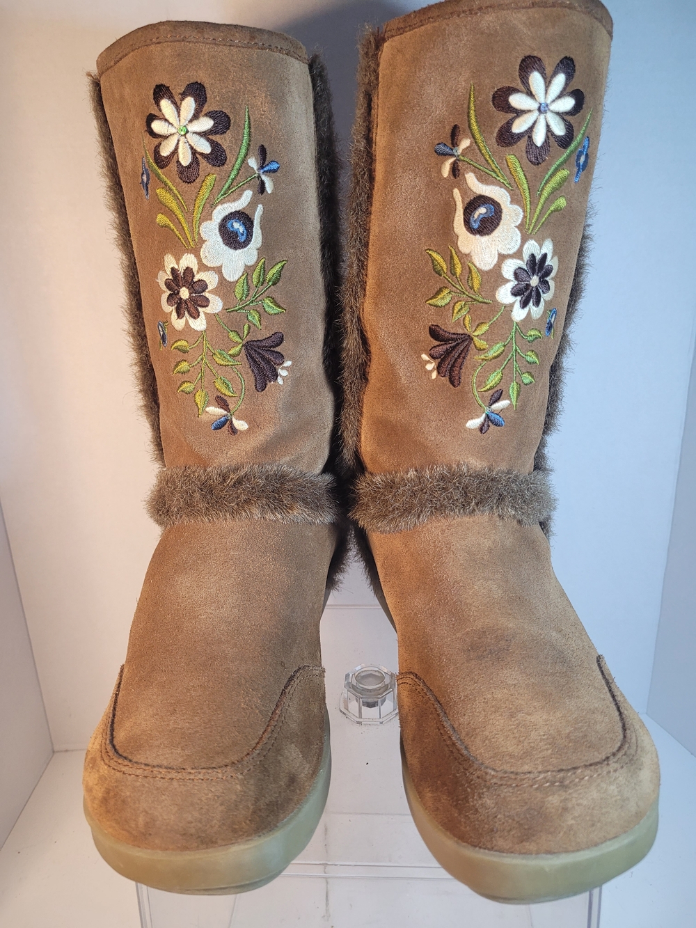 Womens REPORT Suede Leather Faux Fur Lined Boots NANUK Embroidered Sz 7.5 Brown